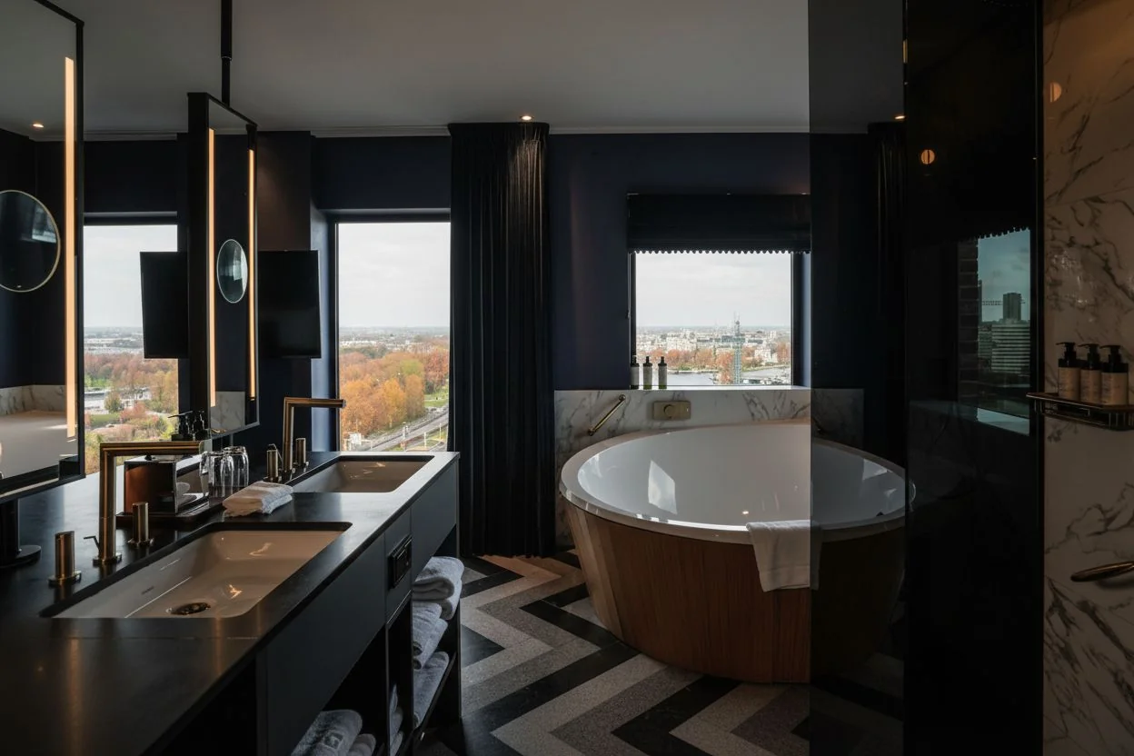 Modern entrance of Van der Valk Hotel Amsterdam Amstel at evening