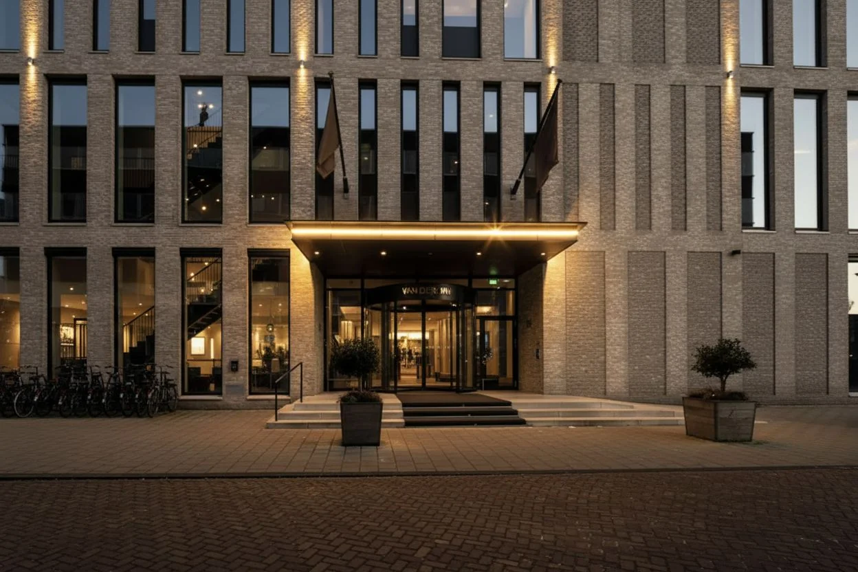 Modern entrance of Van der Valk Hotel Amsterdam Amstel at evening