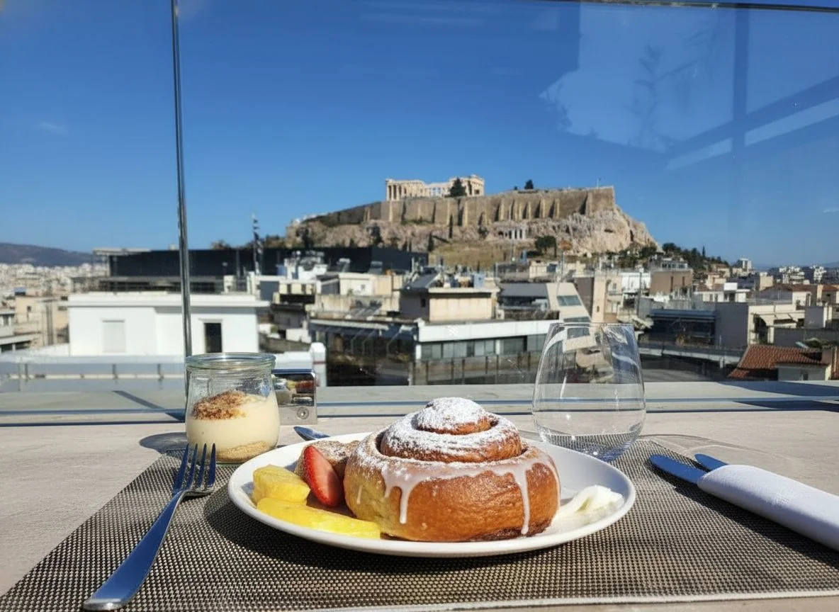 Greek breakfast spread with Acropolis view