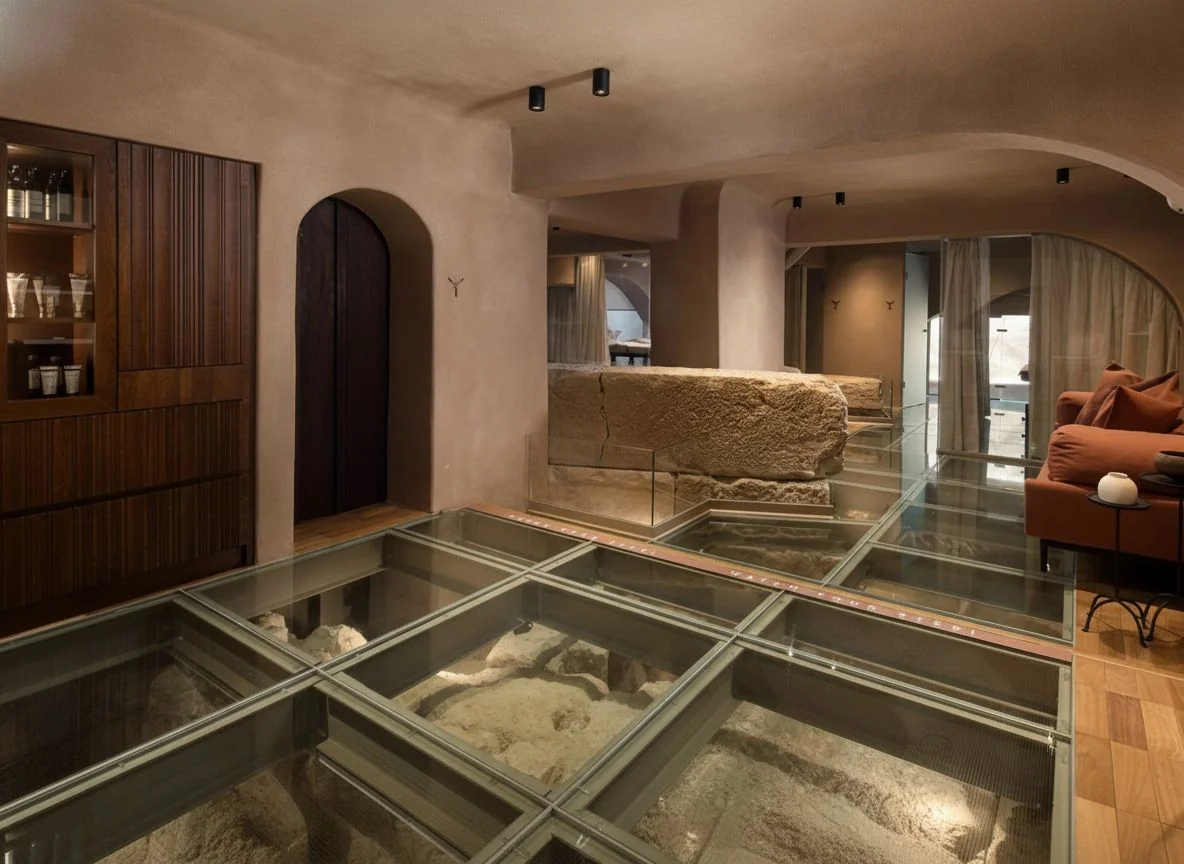 Spa area with visible 3rd-century ruins under glass floors