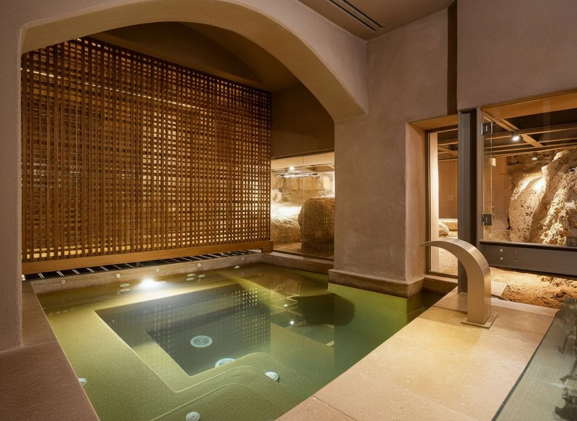 Spa pool with ancient ruins visible in walls and under water